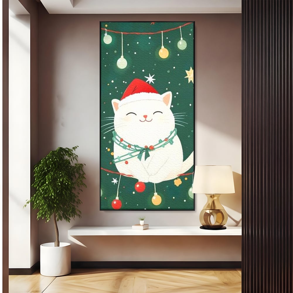Tablou canvas cu ilustratie cu pisica alba de craciun, in rama de aluminiu negru